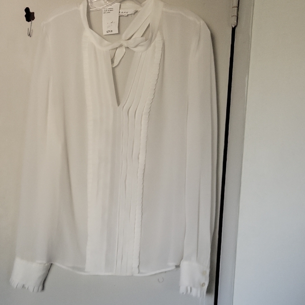 Frame Denim White Pleated Blouse with Bib Collar